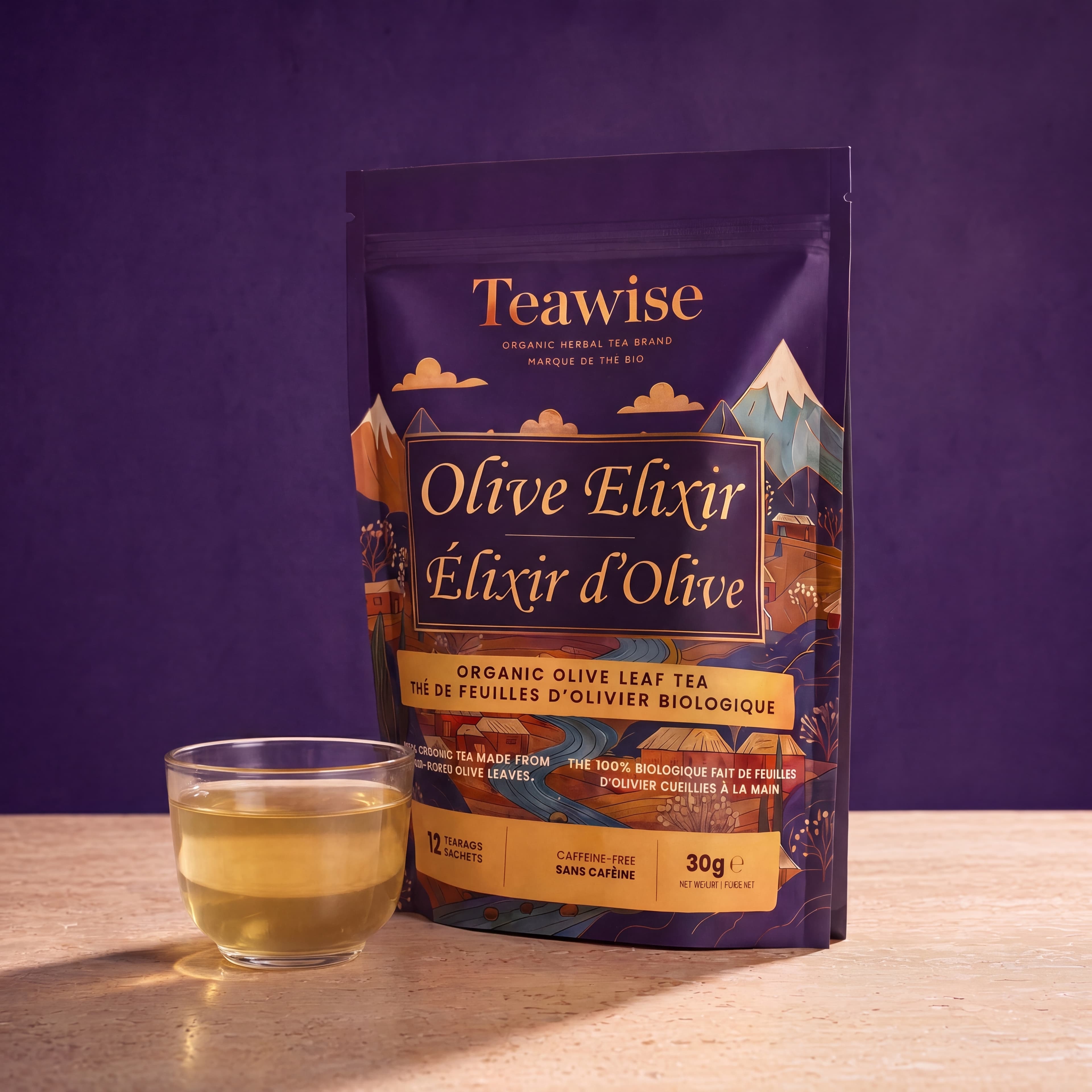 Olive Elixir, brewed slowly in a clear cup
