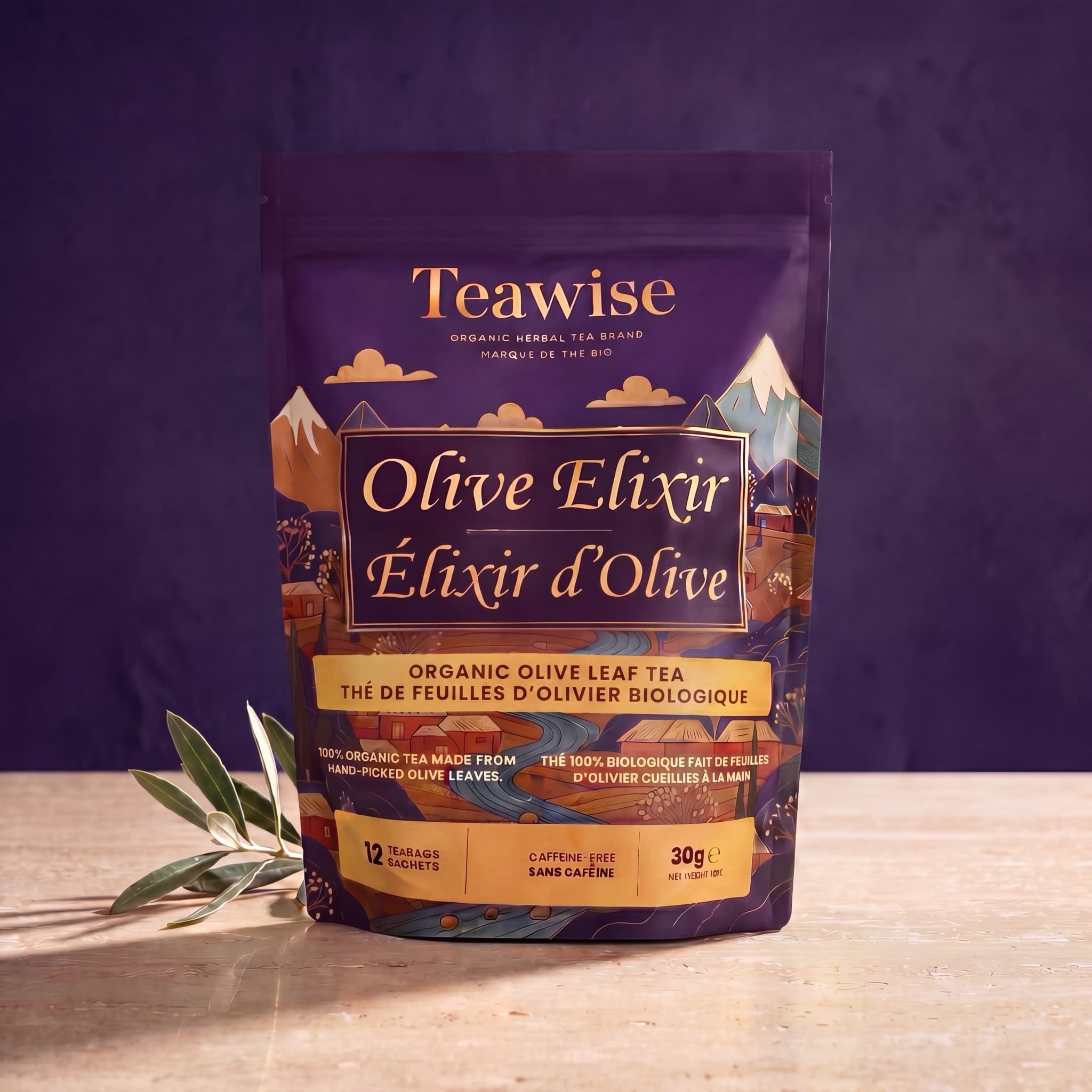 Olive Elixir — front view, with olive sprig