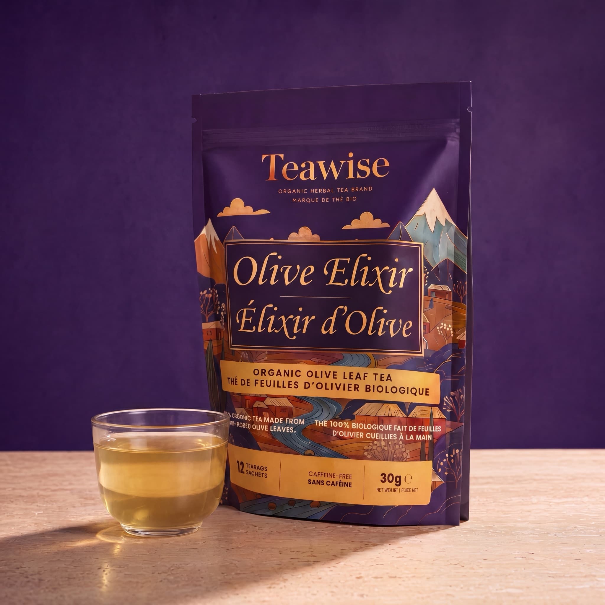 Olive Elixir, brewed slowly in a clear cup
